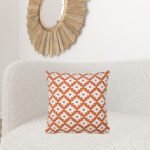 20" X 20" Orange And White 100% Cotton Geometric Zippered Pillow