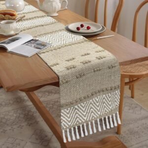 Boho Chevron Table Runner | Cream & Brown Cotton Woven Runner | 13x74" (33x188cm)